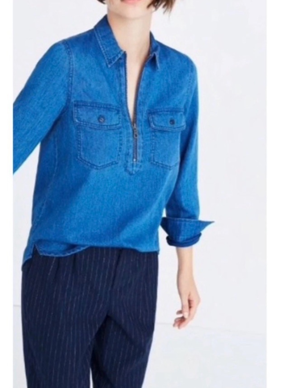 MADEWELL Women’s Indigo Blue Zip Front Popover Shirt Size Medium Casual Vacay